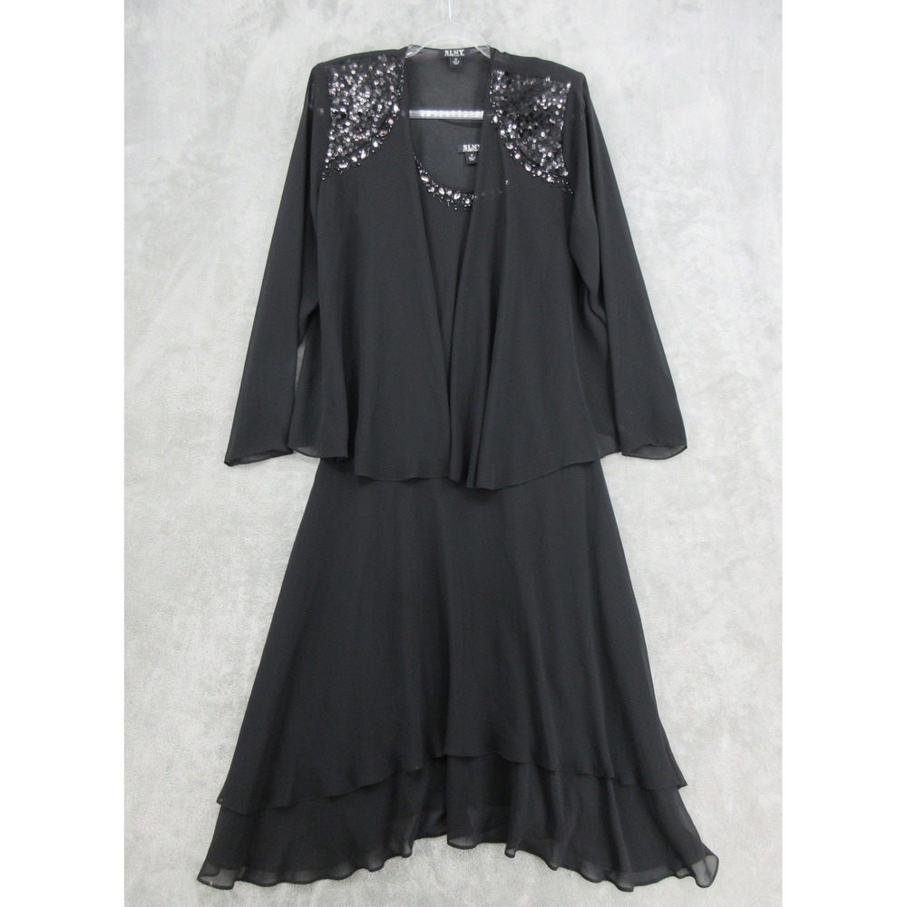 SLNY Dress Womens Size 12 Chiffon Overlay Sequin Embellished Midi Jacket Black